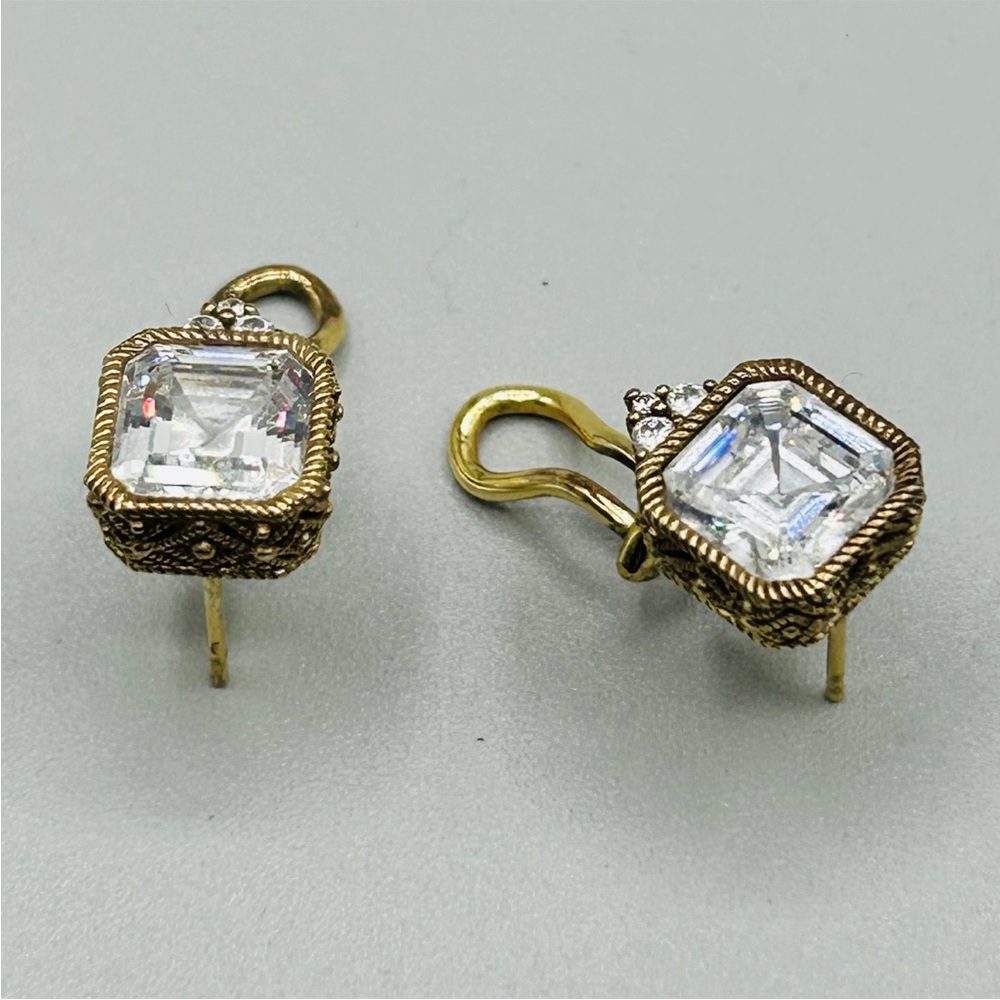 JUDITH RIPKA Square CZ  7mm pierced earrings Sterling (but look gold) Omega back - Picture 3 of 7